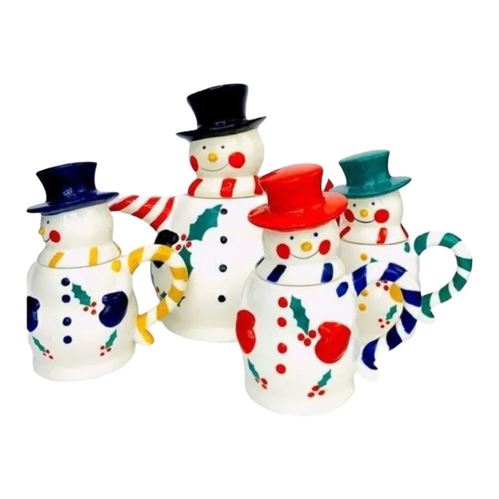 Christmas Decor Holiday Party by Temptations Teapot Snowman Set 3 Mugs Lids VNTG